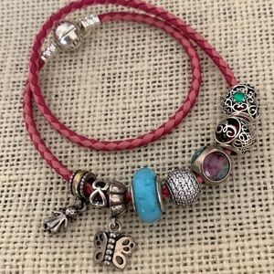 Pandora Pink Leather Bracelet with Charms